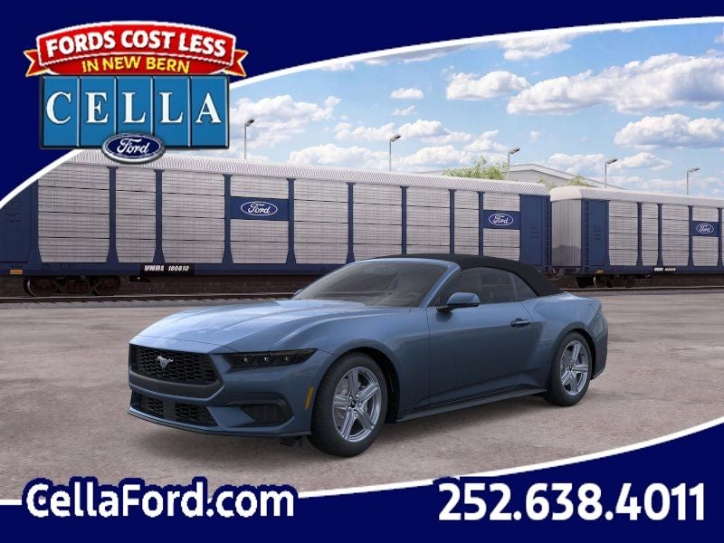 2026 Ford Mustang EcoBoost Premium Convertible in Vapor Blue Metallic — front three-quarter view