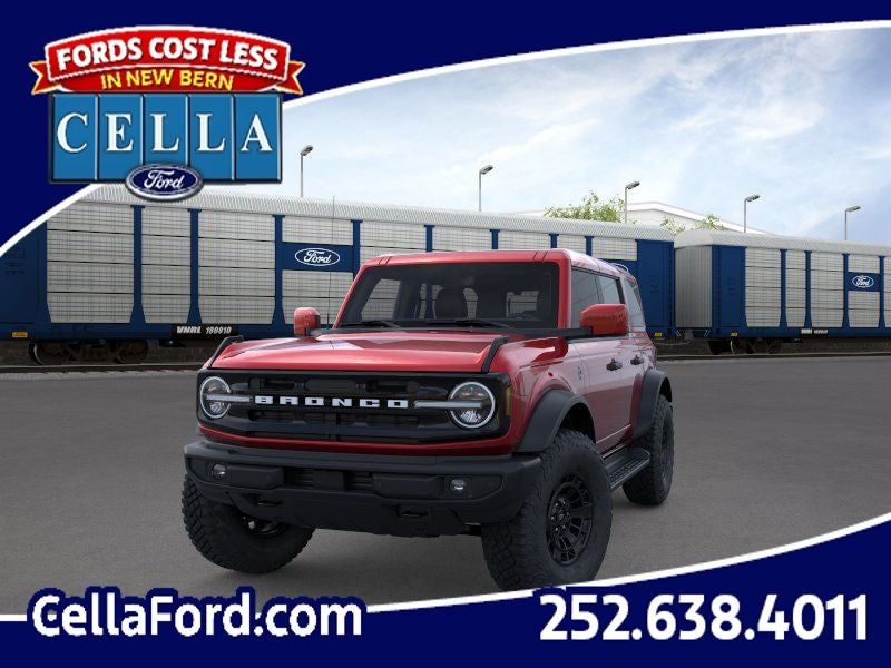 2026 Ford Bronco Outer Banks in Ruby Red Metallic Tinted Clearcoat — front three-quarter view