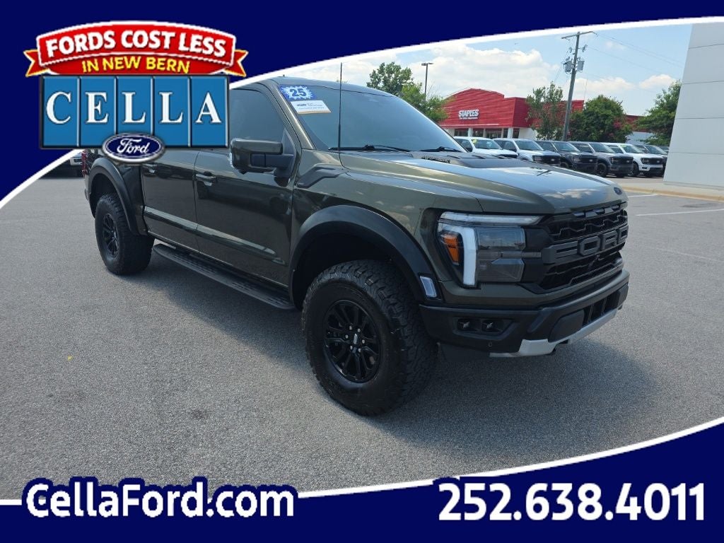 2025 Ford F-150 Raptor in Shelter Green — front three-quarter view