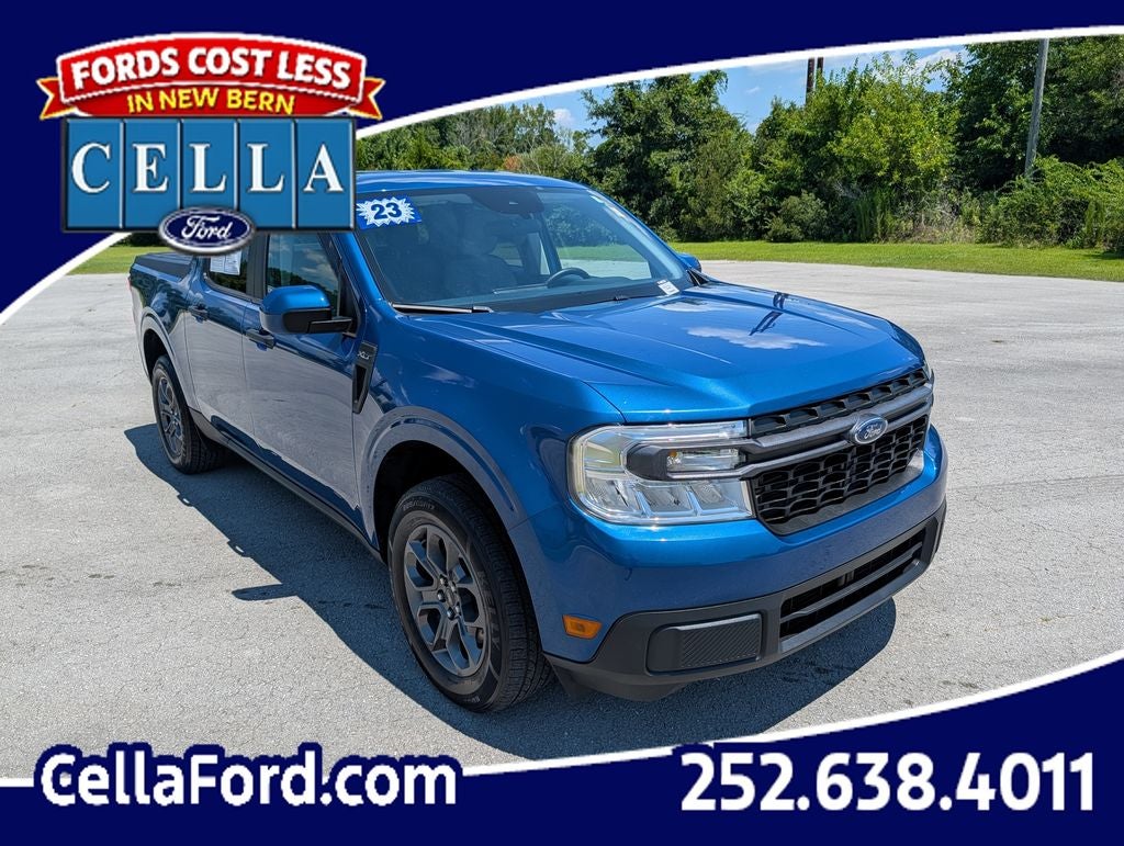 2023 Ford Maverick XLT in Blue Metallic — front three-quarter view