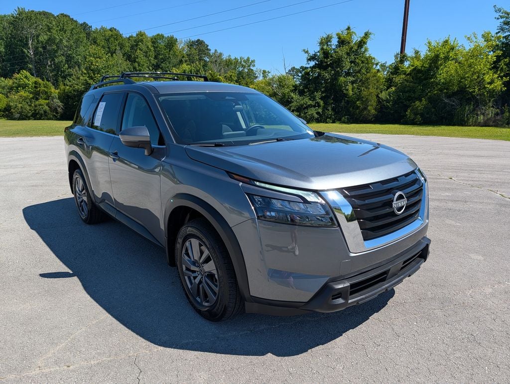 2025 Nissan Pathfinder SV in Gun Metallic — front three-quarter view